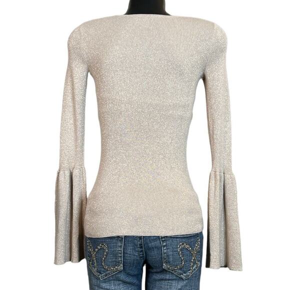 Hinge NEW Womens Bell Sleeve Sweater sz Small Beige Oatmeal Cream Metallic Gold - Picture 3 of 5
